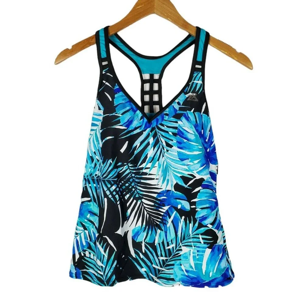 ZeroXposur Racerback Action Tankini Swimsuit Top Blue Palm UPF 50+ Sz Small NEW